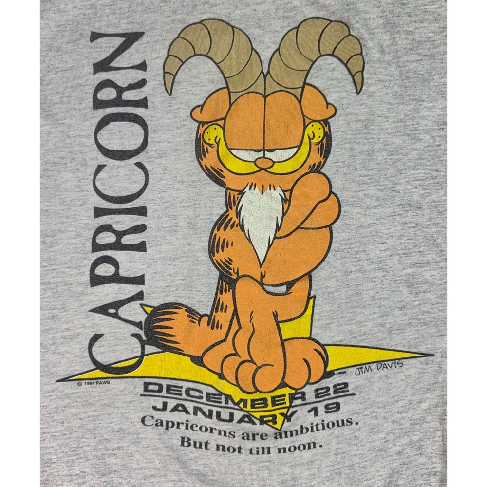 Vintage 1994 Garfield Capricorn T-Shirt Made in USA Gray Zodiac Graphic Tee OSFA